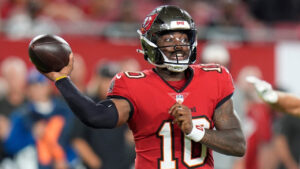 Tampa Bay Buccaneers' Jalon Daniels (10) passes in the second half of an NFL preseason football game against the Kansas City Chiefs, Saturday, Aug. 22, 2026, in Tampa, Fla. (Chris O'Meara/AP)