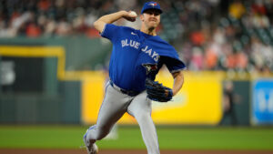 Toronto Blue Jays starting pitcher Jameson Taillon throws during the first inning of a baseball game against the Houston Astros in Houston, Wednesday, Aug. 5, 2026. (Ashley Landis/AP)