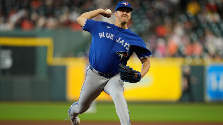 Toronto Blue Jays starting pitcher Jameson Taillon throws during the first inning of a baseball game against the Houston Astros in Houston, Wednesday, Aug. 5, 2026. (Ashley Landis/AP)