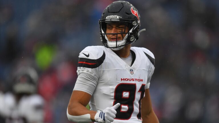 Houston Texans wide receiver Jayden Higgins warms up before an NFL divisional playoff football game against the New England Patriots, Sunday, Jan. 18, 2026, in Foxborough, Mass. (AP Photo/Steven Senne)