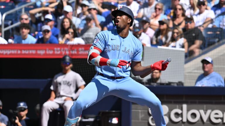 Toronto Blue Jays outfielder Jesus Sanchez (12) reacts to a called strike during first inning MLB baseball action against the New York Yankees in Toronto on Saturday, August 15, 2026. (Jon Blacker/CP)