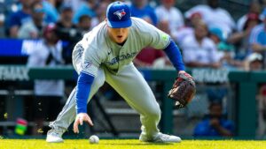 Blue Jays Phillies Baseball
Toronto Blue Jays pitcher Braydon Fisher reaches for the ball on a single by Philadelphia Phillies' Trea Turner during the 11th inning of a baseball game, Sunday, Aug. 9, 2026, in Philadelphia. (AP Photo/Laurence Kesterson)