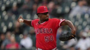 Los Angeles Angels starting pitcher José Soriano (59) plays during a baseball game against the Chicago White Sox, Wednesday, April 29, 2026, in Chicago. (Erin Hooley/AP)