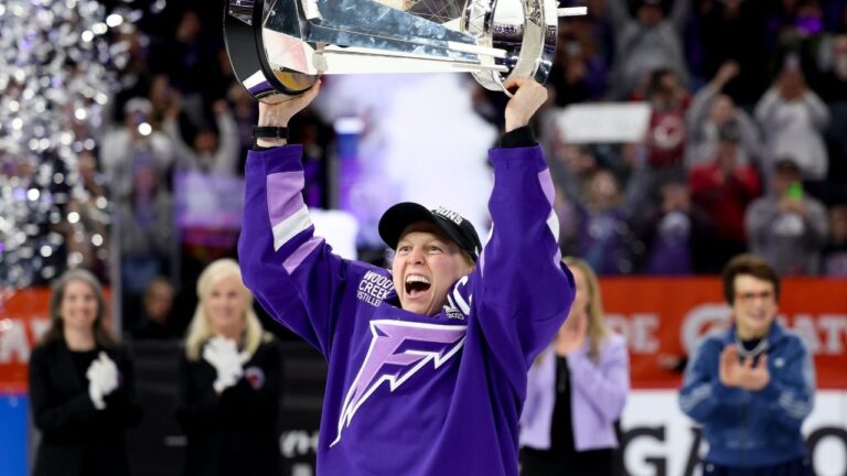 Minnesota Frost forward Kendall Coyne Schofield celebrates with the Walter Cup after her team won the PWHL hockey finals against the Ottawa Charge, Monday, May 26, 2025, in St. Paul, Minn. (Ellen Schmidt/AP)