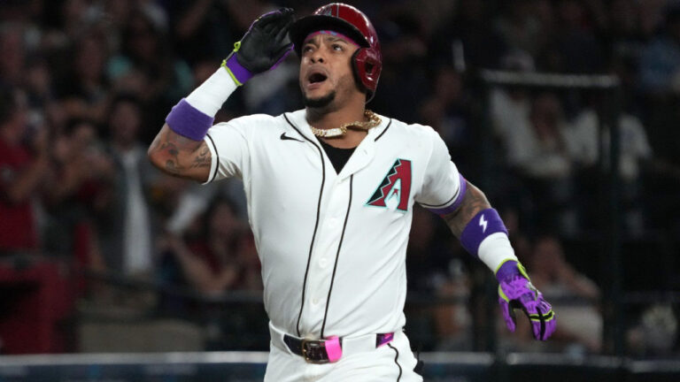 Arizona Diamondbacks' Ketel Marte reacts after hitting a two-run home run against the Los Angeles Dodgers in the first inning of a baseball game, Sunday, Aug 9, 2026, in Phoenix. (Rick Scuteri/AP)
