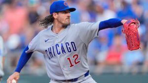 Chicago Cubs starting pitcher Kevin Gausman throws during the first inning of a baseball game against the Kansas City Royals, Friday, Aug. 7, 2026, in Kansas City, Mo. (AP Photo/Charlie Riedel)