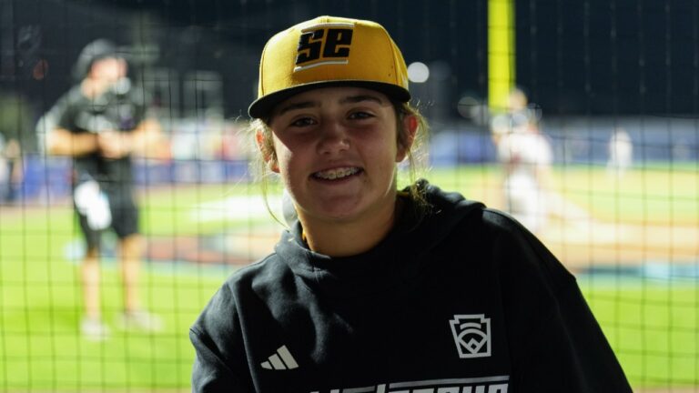 Kinley Rasmus of Little League Team Southeast poses for a photo during the 2026 Little League Classic presented by New York Life between the Atlanta Braves and the Milwaukee Brewers at Journey Bank Ballpark at Historic Bowman Field. (Hailey Leonard/MLB Photos via Getty Images)