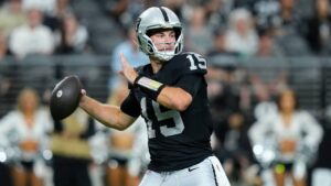 Las Vegas Raiders quarterback Fernando Mendoza throws against the Arizona Cardinals during the first half of a preseason NFL football game, Thursday, Aug. 13, 2026, in Las Vegas. (John Locher/AP)