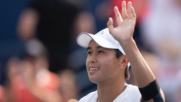 Learner Tien of the United States celebrates his win over Thiago Agustin Tirante of Argentina during Round of 16 tennis action at the National Bank Open in Montreal on Sunday, Aug. 9, 2026. (Christinne Muschi/CP)