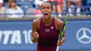 Canada's Leylah Fernandez celebrates her 6-1 6-4 win over Mirra Andreeva during National Bank Open tennis action in Toronto, on Friday, Aug. 7, 2026. (Chris Young/CP)