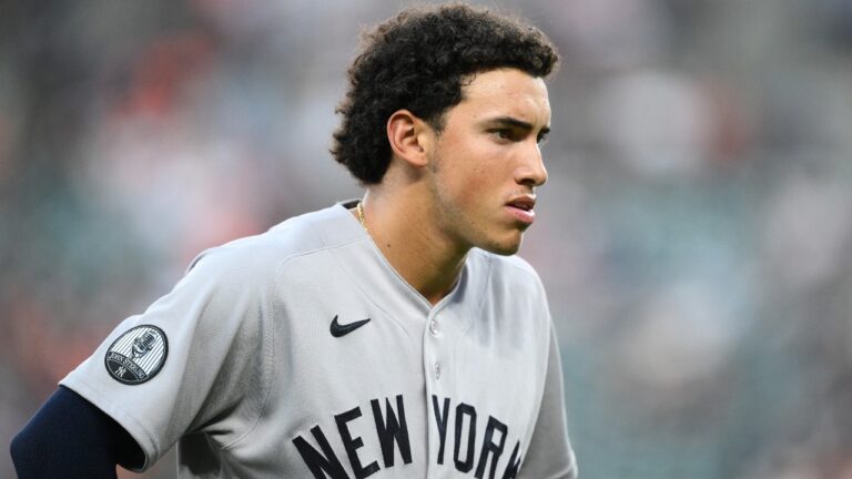 New York Yankees' George Lombard Jr. looks on during a baseball game against the Baltimore Orioles, Thursday, Aug. 20, 2026, in Baltimore. (AP Photo/Nick Wass)