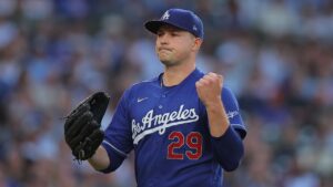 Los Angeles Dodgers' Tarik Skubal celebrates as he walks back to the dugout during the first inning of a baseball game against the Chicago Cubs, Tuesday, Aug. 4, 2026, in Chicago. (Melissa Tamez/AP)