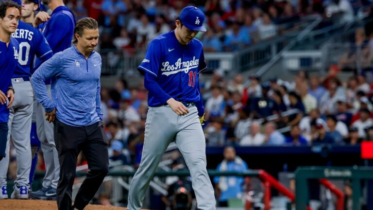 Los Angeles Dodgers pitcher Roki Sasaki (11) leaves the game with an injury against the Atlanta Braves during the fourth inning of a baseball game, Wednesday, Aug. 26, 2026, in Atlanta. (Erik S. Lesser/AP)