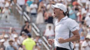 Luciano Darderi of Italy celebrates his win over Nuno Borges of Portugal during Round of 16 tennis action at the National Bank Open in Montreal on Saturday, Aug. 8, 2026. (Christinne Muschi/CP)