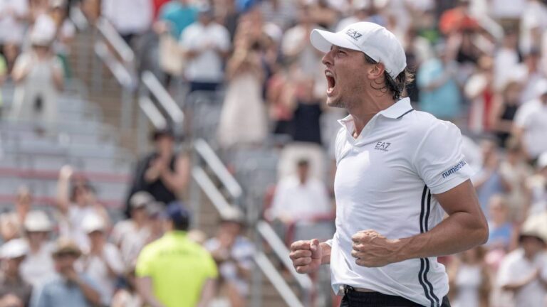 Luciano Darderi of Italy celebrates his win over Nuno Borges of Portugal during Round of 16 tennis action at the National Bank Open in Montreal on Saturday, Aug. 8, 2026. (Christinne Muschi/CP)