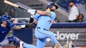Toronto Blue Jays' Nathan Lukes (38) hits a three-run home run against the Kansas City Royals during fourth inning MLB baseball action in Toronto, on Wednesday, Aug. 26, 2026. (Sammy Kogan/CP)