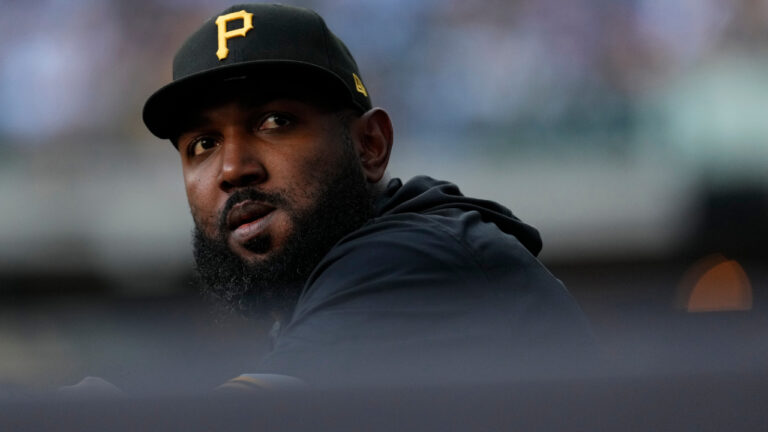 Pittsburgh Pirates' Marcell Ozuna looks on before a baseball game against the Milwaukee Brewers, Monday, Aug. 3, 2026, in Milwaukee. (Aaron Gash/AP)