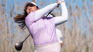 Mariel Galdiano tees off from the 13th hole during the first round of the ShopRite LPGA Classic golf tournament, Friday, May 29, 2026, in Galloway, N.J. (Chris Szagola/AP)