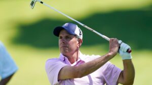 Matt Gogel watches his shot off the second tee during the first round of the PGA Tour Champions Principal Charity Classic golf tournament, Friday, June 3, 2022, in Des Moines, Iowa. (AP Photo/Charlie Neibergall)