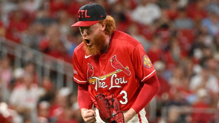 St. Louis Cardinals pitcher Dustin May reacts after an out against Cincinnati Reds' JJ Bleday during the fifth inning of a baseball game, Friday, July 24, 2026, in St. Louis. (Jeff Le/AP)