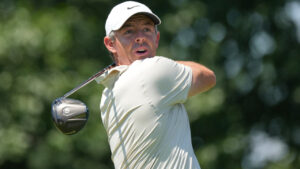Rory McIlroy, of Northern Ireland, watches his shot from the fifth tee during the first round of the BMW Championship golf tournament on Thursday, Aug. 20, 2026, in St. Louis. (Jeff Roberson/AP)