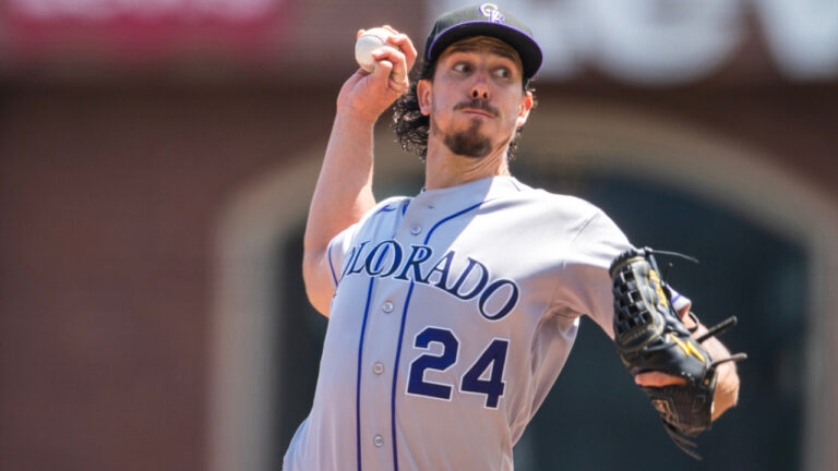 Colorado Rockies pitcher Michael Lorenzen (24) throws during the first inning of a baseball game against the against the San Francisco Giants in San Francisco, Saturday, Aug. 15, 2026. (Nic Coury/AP)
