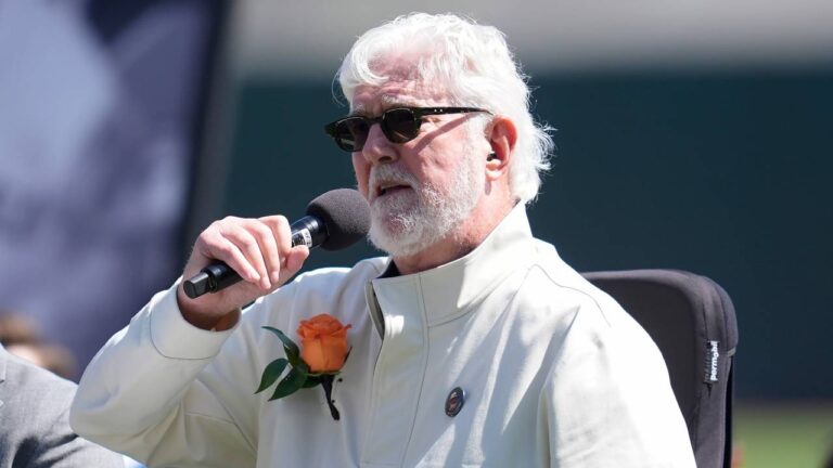 Broadcaster Mike Krukow speaks during a remembrance ceremony for former San Francisco Giants player Orlando Cepeda before a baseball game between the Giants and the San Diego Padres in San Francisco, Sept. 15, 2024. (Jeff Chiu/AP)