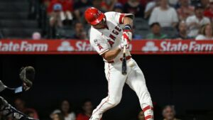 Los Angeles Angels' Mike Trout hits a two-run single against the New York Yankees in the fourth inning of a baseball game Monday, Aug. 31, 2026, in Anaheim, Calif. (Wally Skalij/AP)