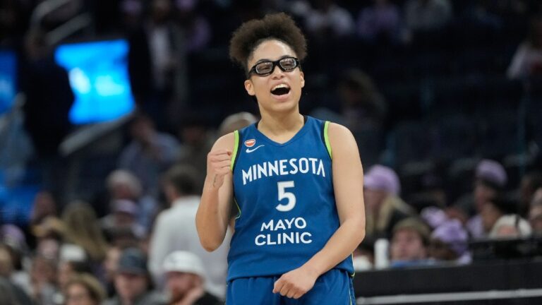 Minnesota Lynx guard Olivia Miles (5) celebrates after scoring against the Golden State Valkyries during the second half of a WNBA basketball game in San Francisco, Wednesday, Aug. 19, 2026. (Jeff Chiu/AP)