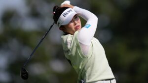 Miyu Yamashita, of Japan, watches her tee shot on the fifth hole during the final round at the LPGA CPKC Canadian Women's Open golf tournament, in Edmonton, on Sunday, Aug. 23, 2026. (Darryl Dyck/CP)