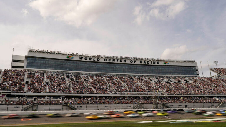 Cars move during the NASCAR Daytona 500 auto race at Daytona International Speedway, Feb. 15, 2026, in Daytona Beach, Fla. (Nigel Cook/AP)