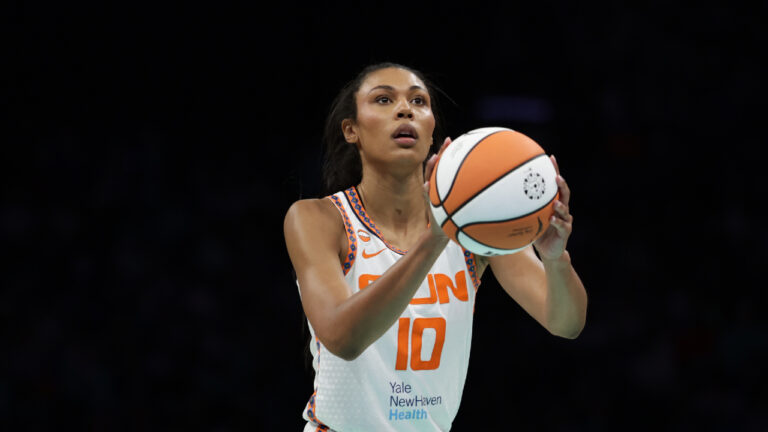 Connecticut Sun centre Olivia Nelson-Ododa (10) shoots during a WNBA basketball game against the New York Liberty in New York on Friday, May 8, 2026. (Adam Hunger/AP)