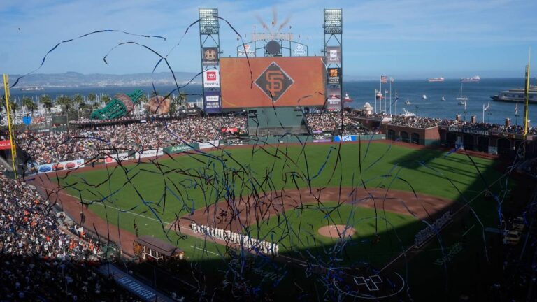 Confetti flies at Oracle Park before a baseball game between the San Francisco Giants and the New York Yankees in San Francisco, Wednesday, March 25, 2026. (Jeff Chiu/AP)