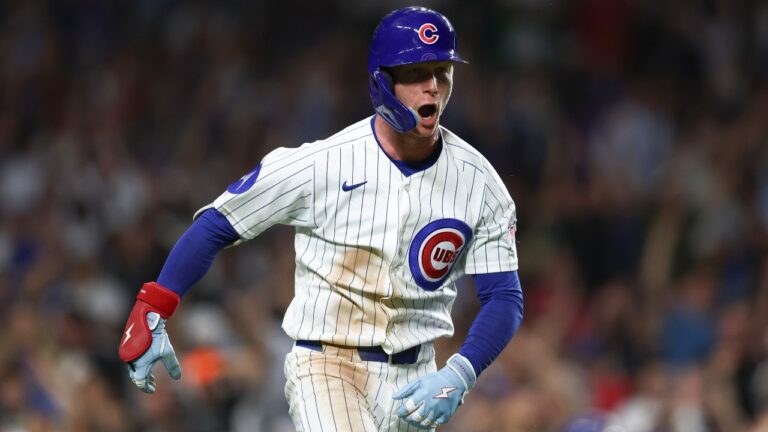 Chicago Cubs' Pete Crow-Armstrong reacts after hitting a walkoff home run during the 10th inning of a baseball game to defeat the Chicago White Sox in Chicago, Monday, Aug. 17, 2026. (Jessie Alcheh/AP)