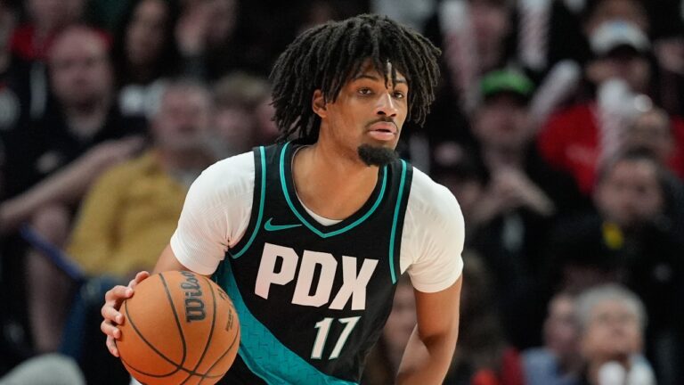 Portland Trail Blazers guard Shaedon Sharpe dribbles during the second half of an NBA basketball game against the Sacramento Kings, Sunday, April 12, 2026, in Portland, Ore. (Jenny Kane/AP)