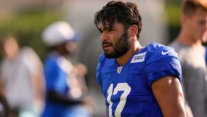 Los Angeles Rams wide receiver Puka Nacua walks the field following the NFL football team's training camp, Wednesday, Aug. 5, 2026, in Los Angeles. (AP Photo/Mark J. Terrill)