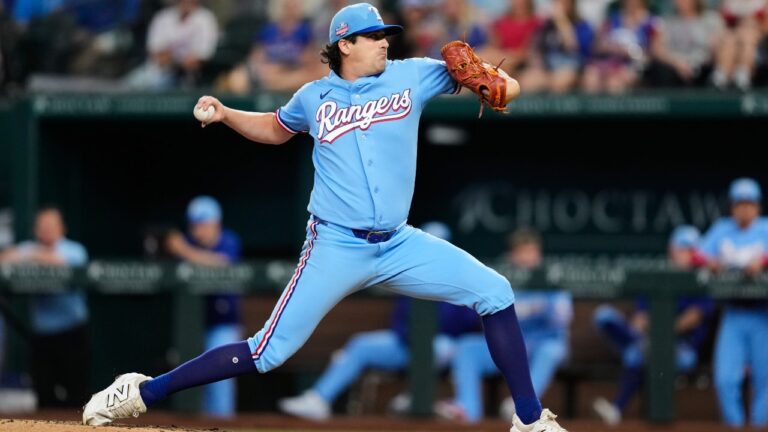 Texas Rangers pitcher Cal Quantrill throws to the Los Angeles Angels in the third inning of a baseball game Sunday, Aug. 23, 2026, in Arlington, Texas. (AP Photo/Tony Gutierrez)