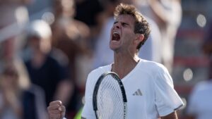 Rafael Jodar of Spain celebrates his win over Arthur Fils of France during quarterfinal tennis action at the National Bank Open in Montreal on Tuesday, Aug. 11, 2026. (Christinne Muschi/CP)