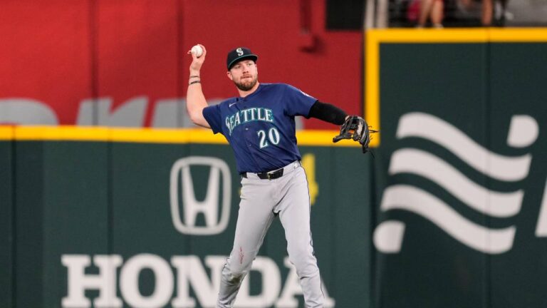 Seattle Mariners center fielder Luke Raley throws the ball in during a baseball game against the Texas Rangers in Arlington, Texas, Monday, July 27, 2026. (Tony Gutierrez/AP)