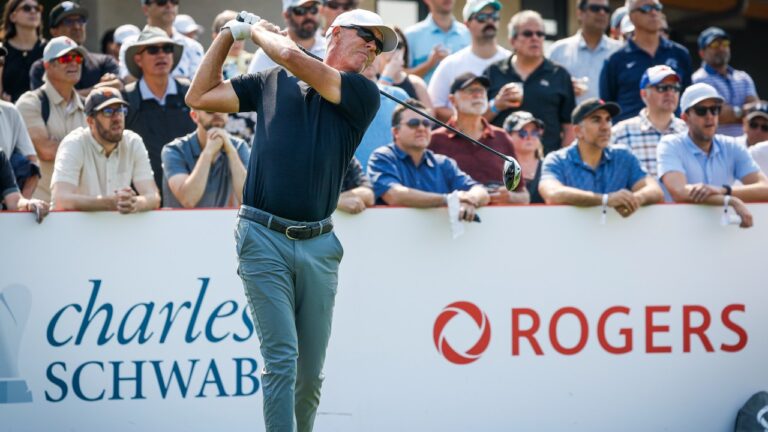 Richard Green of Autsralia, tees off during the PGA Tour Champions golf event in Calgary, Alta., Friday, Aug. 21, 2026. (Jeff McIntosh/CP)