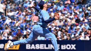 Toronto Blue Jays pitcher Ricky Tiedemann throws to a New York Yankees batter in his MLB debut during second inning MLB baseball action in Toronto on Saturday, August 15, 2026. THE CANADIAN PRESS/Jon Blacker