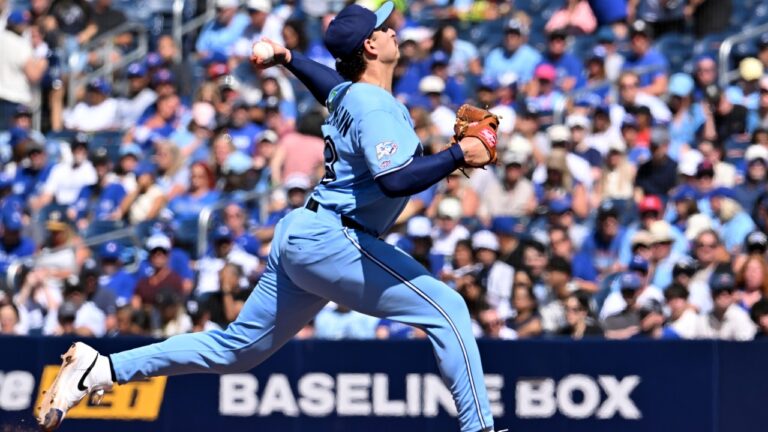 Toronto Blue Jays pitcher Ricky Tiedemann throws to a New York Yankees batter in his MLB debut during second inning MLB baseball action in Toronto on Saturday, August 15, 2026. THE CANADIAN PRESS/Jon Blacker