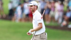 Ryan Gerard reacts on the 18th hole during the second round of the Tour Championship golf tournament, Friday, Aug. 28, 2026, in Atlanta. (Colin Hubbard/AP)