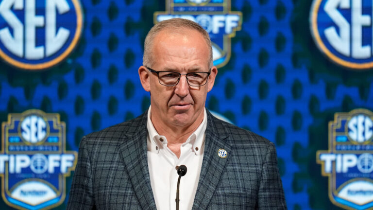 Greg Sankey, commissioner of the Southeastern Conference, speaks during NCAA college basketball women's SEC Media Day, Oct. 16, 2024, in Birmingham, Ala. (Mike Stewart/AP)