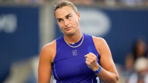 Aryna Sabalenka celebrates a point against Japan's Moyuka Uchijima during National Bank Open action in Toronto on Tuesday, August 4, 2026. (Chris Young/CP)