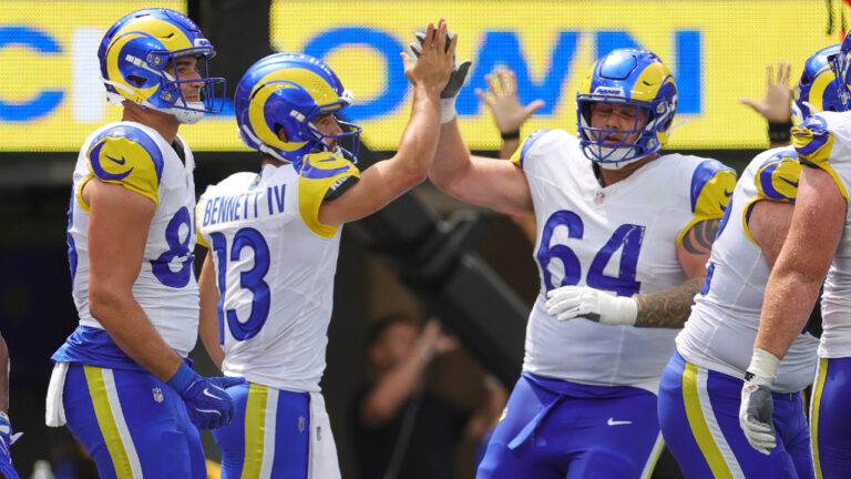 Los Angeles Rams quarterback Stetson Bennett (13) celebrates his rushing touchdown with teammates during the first half an NFL pre-season football game against the New Orleans Saints on Saturday, Aug. 22, 2026, in Inglewood, Calif. (Ryan Sun/AP)