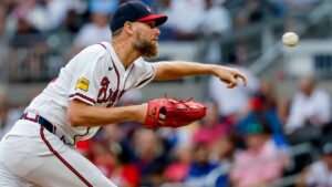 Atlanta Braves pitcher Chris Sale delivers to a Los Angeles Dodgers batter during the first inning of a baseball game, Thursday, Aug. 27, 2026, in Atlanta. (AP Photo/Erik S. Lesser)