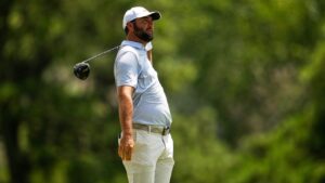 Scottie Scheffler watches his tee shot on the third hole during the third round of the St. Jude Championship golf tournament Saturday, Aug. 15, 2026, in Memphis, Tenn. (George Walker IV/AP)