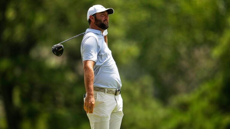 Scottie Scheffler watches his tee shot on the third hole during the third round of the St. Jude Championship golf tournament Saturday, Aug. 15, 2026, in Memphis, Tenn. (George Walker IV/AP)