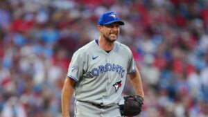 Toronto Blue Jays pitcher Max Scherzer reacts after a strike out against Philadelphia Phillies' Bryan de la Cruz during the fifth inning of a baseball game, Saturday, Aug. 8, 2026, in Philadelphia. (Derik Hamilton/AP)